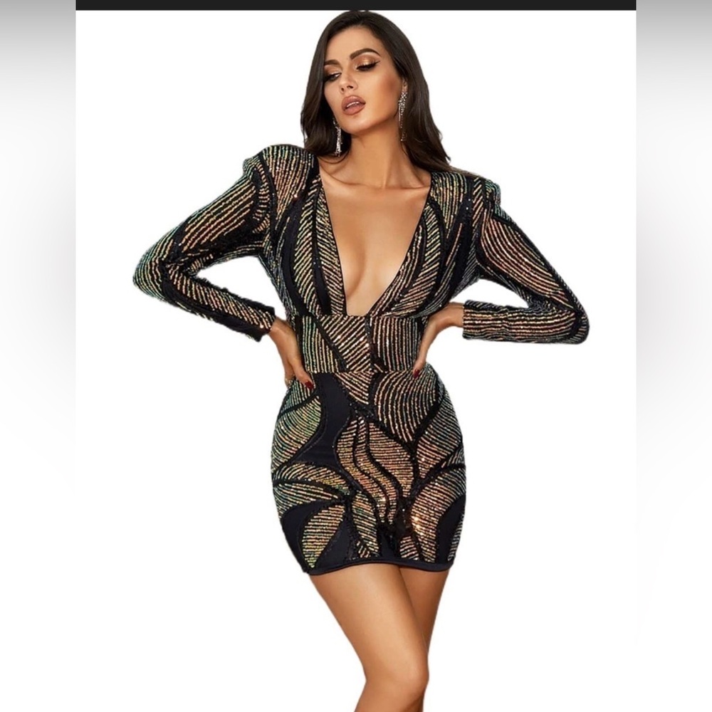 Love & Lemonade Black Multicolor‎ Long Sleeve Bodycon Mini Dress XS